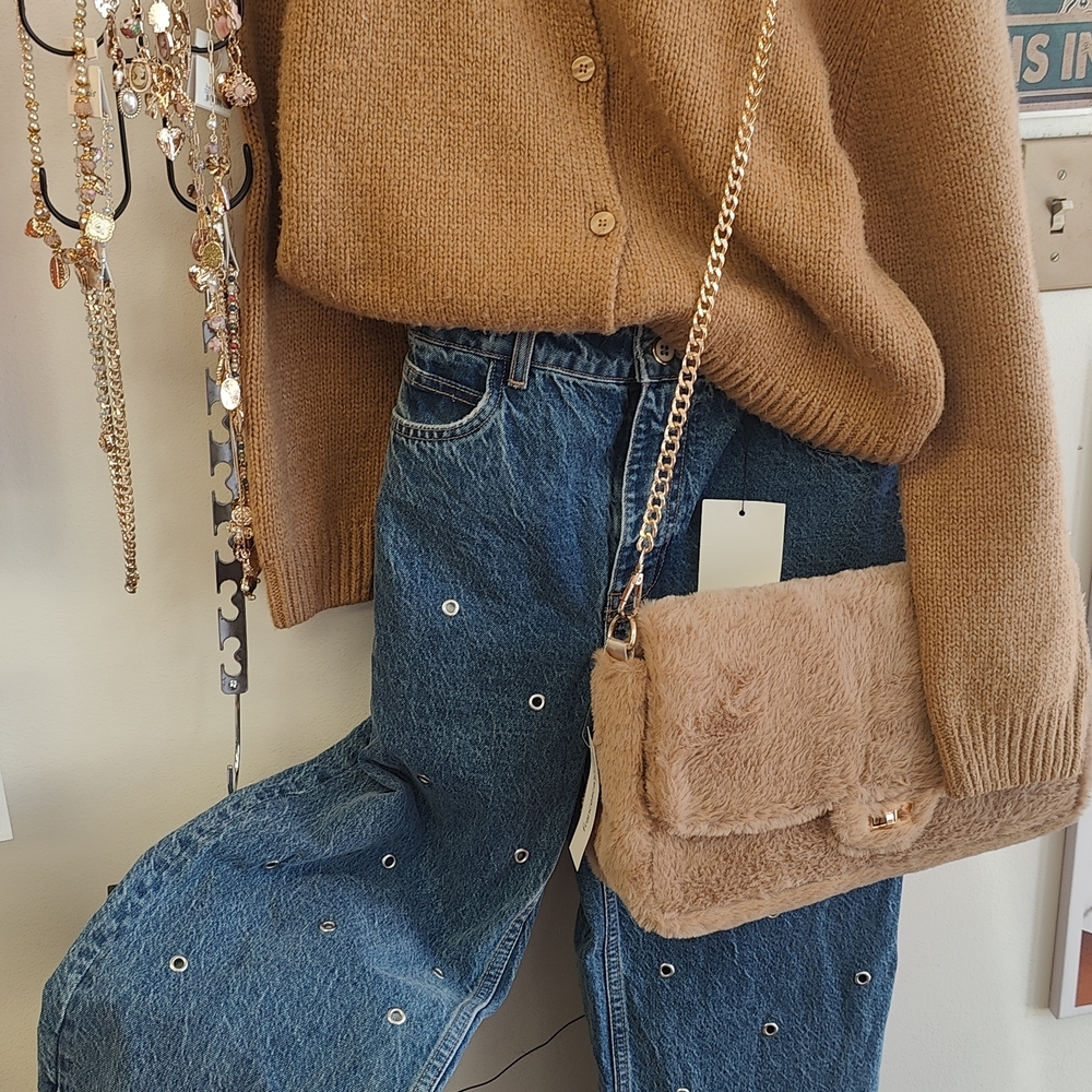 Zara Beige Faux Fur Crossbody with Gold Chain